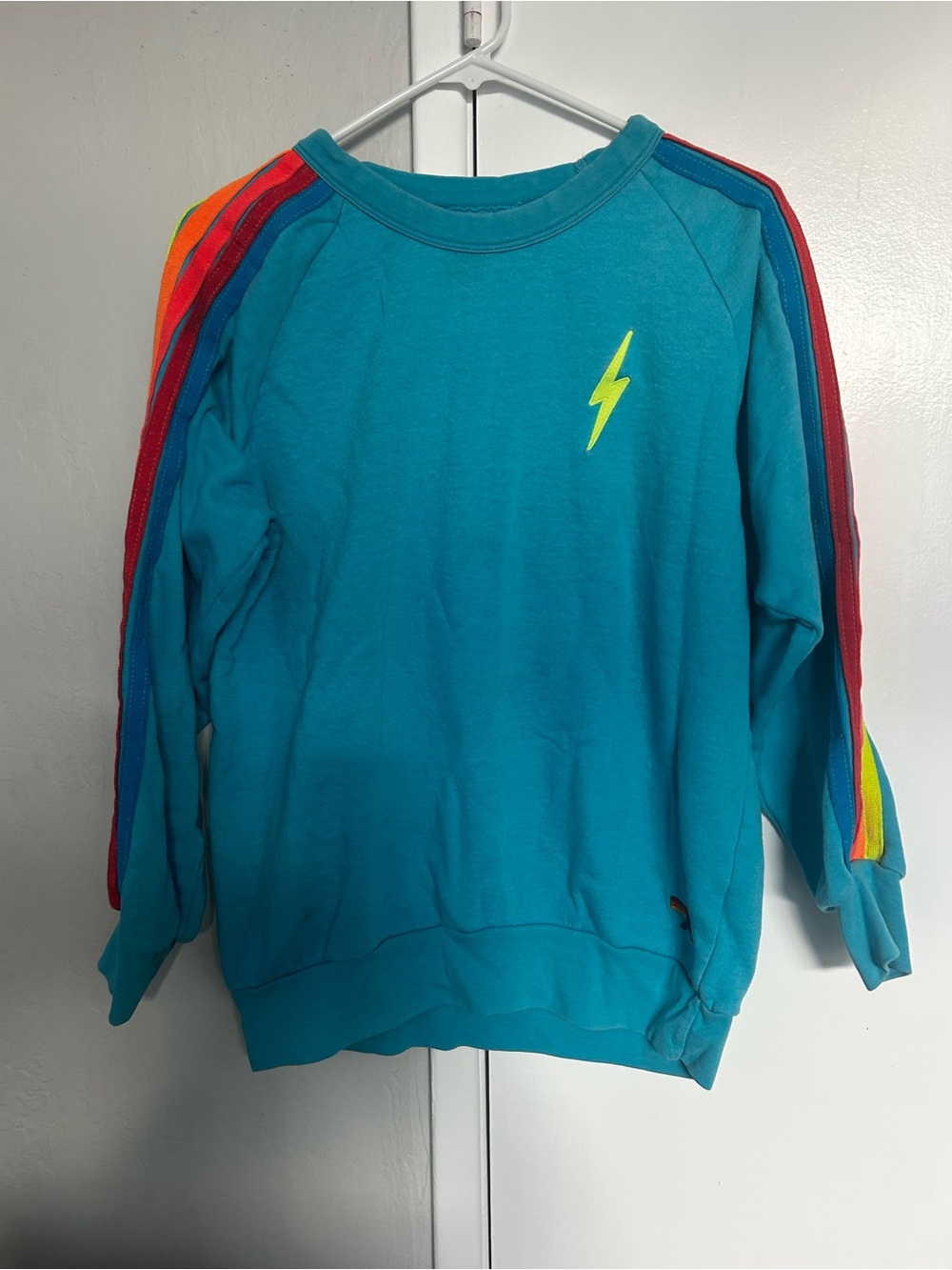 Aviator Nation Teal Sweatshirt with Rainbow Sleeve Stripes